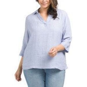 Tahari 100% Linen Blue 1X Pullover Tunic V Neck Pearlescent Buttons NWOT
